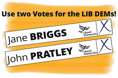 Vote Lib Dem for Jane Briggs and John Pratley boxes
