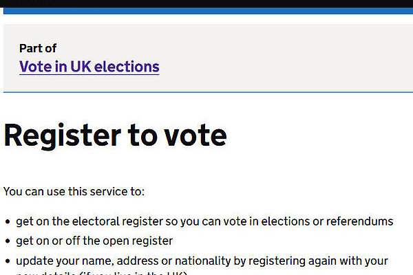 Image of the Gov UK page to register to vote