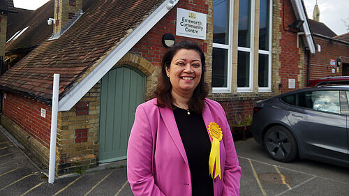 Gayathri Sathyanath standing outside Emsworth Community Centre